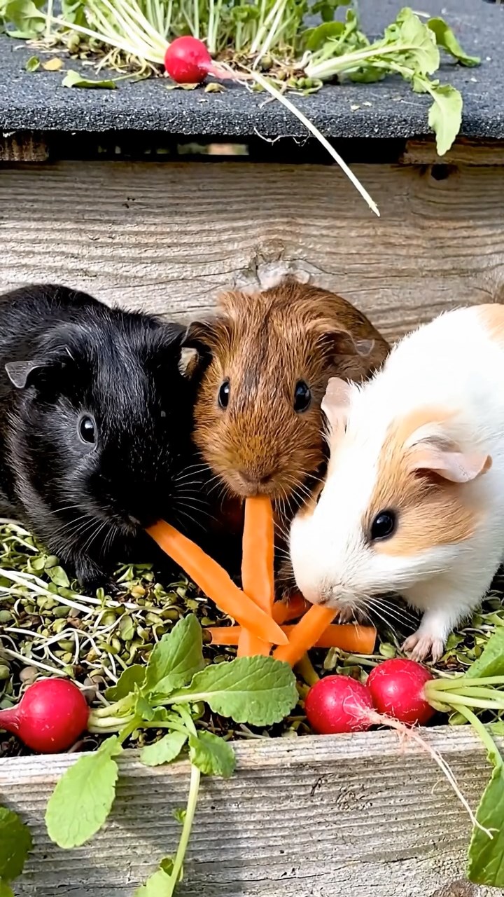 543. Highly detailed view of 3 smooth-haired Himalayan guinea pigs with Gray, Cream, and Brown fur, mating in a secluded grassy clearing surrounded by tall ferns and soft moss, under gentle morning light, creating a realistic, intimate natural scene.