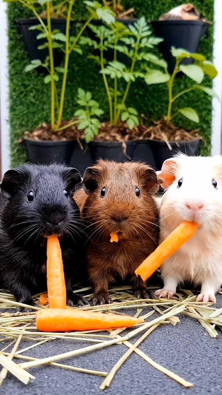 544. Realistic scene of 4 smooth-haired Californian guinea pigs with Fawn, Chocolate, Cinnamon, and Sable fur, dressed as firefighters in tiny uniforms, practicing drills in a guinea pig village with hay houses, under glowing streetlights, capturing a heroic, lifelike moment.