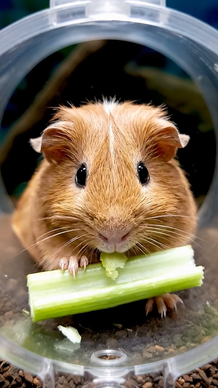 544. Realistic scene of 4 smooth-haired Californian guinea pigs with Fawn, Chocolate, Cinnamon, and Sable fur, dressed as firefighters in tiny uniforms, practicing drills in a guinea pig village with hay houses, under glowing streetlights, capturing a heroic, lifelike moment.