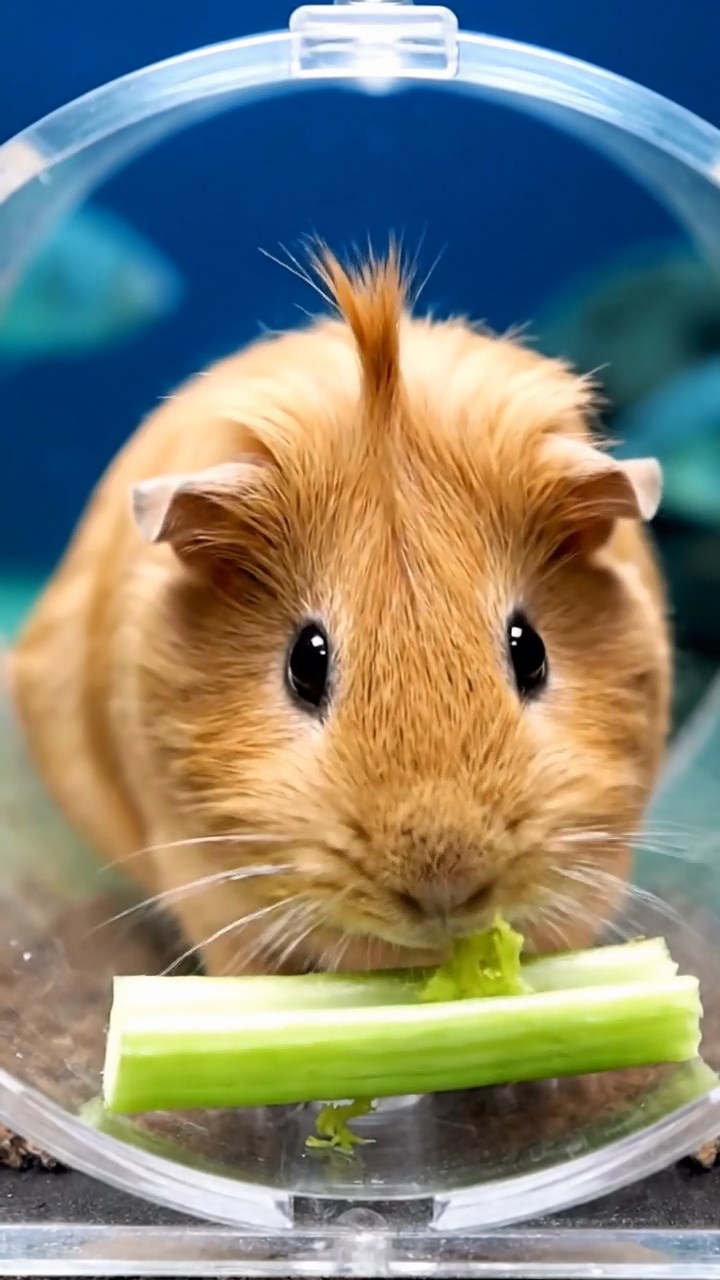 545. Detailed photo of 5 smooth-haired American guinea pigs with White, Orange, Gray, Black, and Brown fur, foraging for clover in a lush meadow with wildflowers and a trickling stream, under soft morning light, creating a realistic, serene pastoral scene.