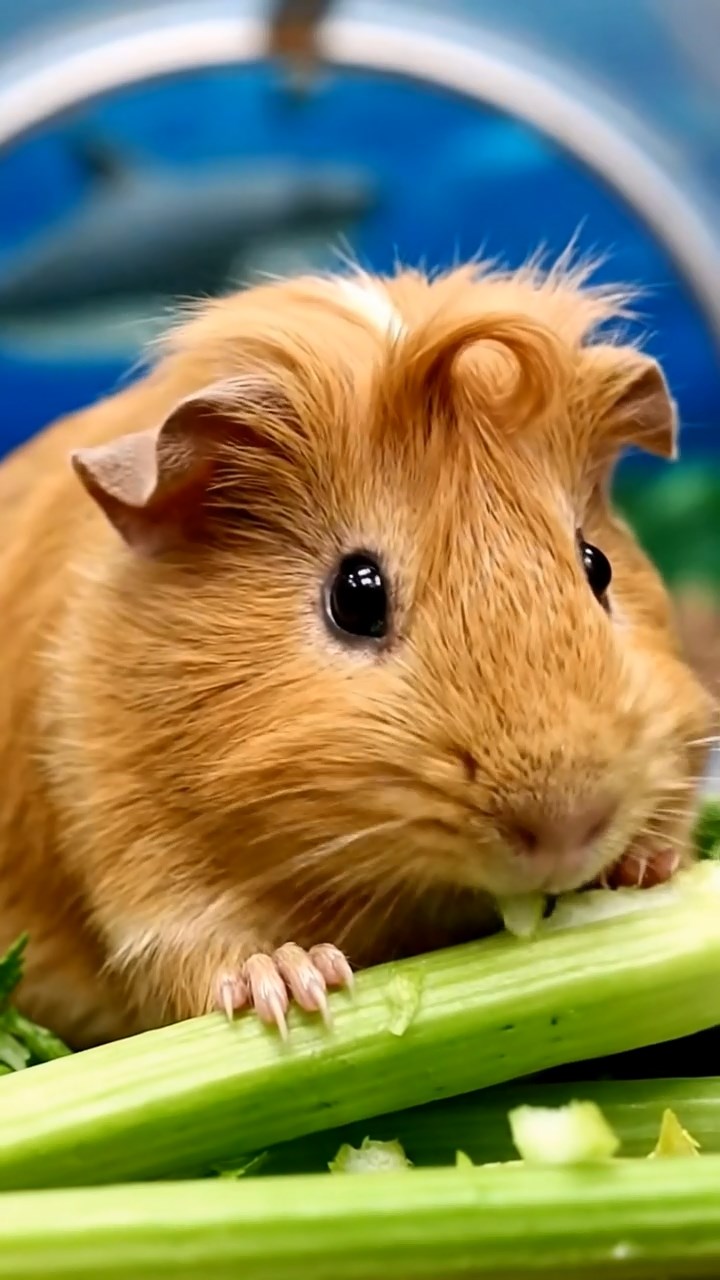 545. Detailed photo of 5 smooth-haired American guinea pigs with White, Orange, Gray, Black, and Brown fur, foraging for clover in a lush meadow with wildflowers and a trickling stream, under soft morning light, creating a realistic, serene pastoral scene.