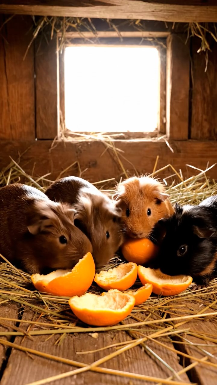 545. Detailed photo of 5 smooth-haired American guinea pigs with White, Orange, Gray, Black, and Brown fur, foraging for clover in a lush meadow with wildflowers and a trickling stream, under soft morning light, creating a realistic, serene pastoral scene.