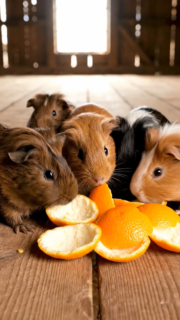 545. Detailed photo of 5 smooth-haired American guinea pigs with White, Orange, Gray, Black, and Brown fur, foraging for clover in a lush meadow with wildflowers and a trickling stream, under soft morning light, creating a realistic, serene pastoral scene.