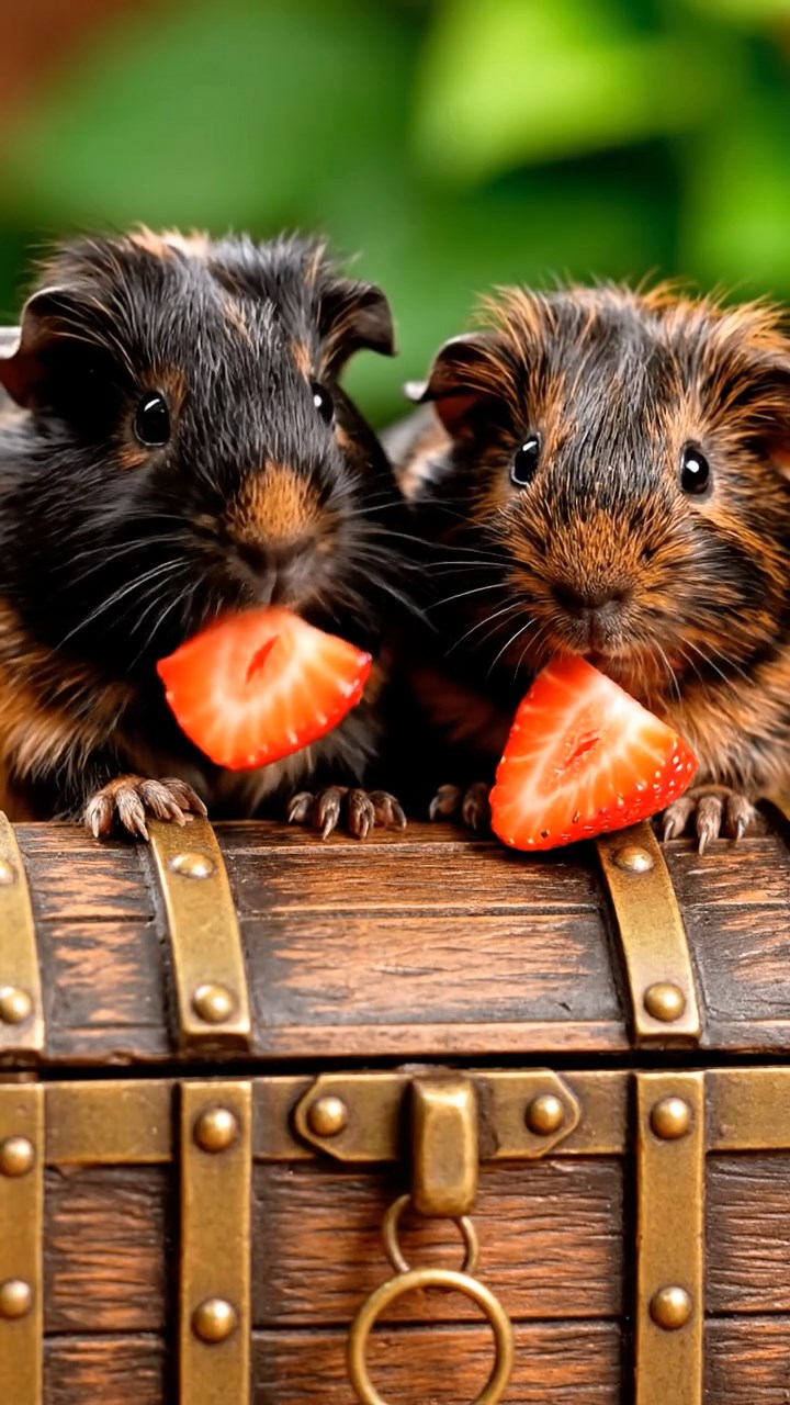 547. Highly detailed view of 2 smooth-haired Himalayan guinea pigs with Fawn and Sable fur, dressed as musicians in tiny vests, playing miniature guitars in a guinea pig concert hall with hay seats and velvet curtains, under warm spotlights, creating a realistic, elegant scene.