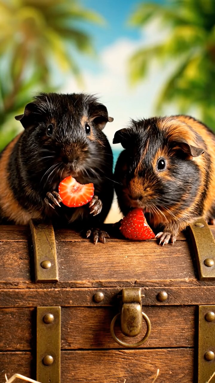 547. Highly detailed view of 2 smooth-haired Himalayan guinea pigs with Fawn and Sable fur, dressed as musicians in tiny vests, playing miniature guitars in a guinea pig concert hall with hay seats and velvet curtains, under warm spotlights, creating a realistic, elegant scene.