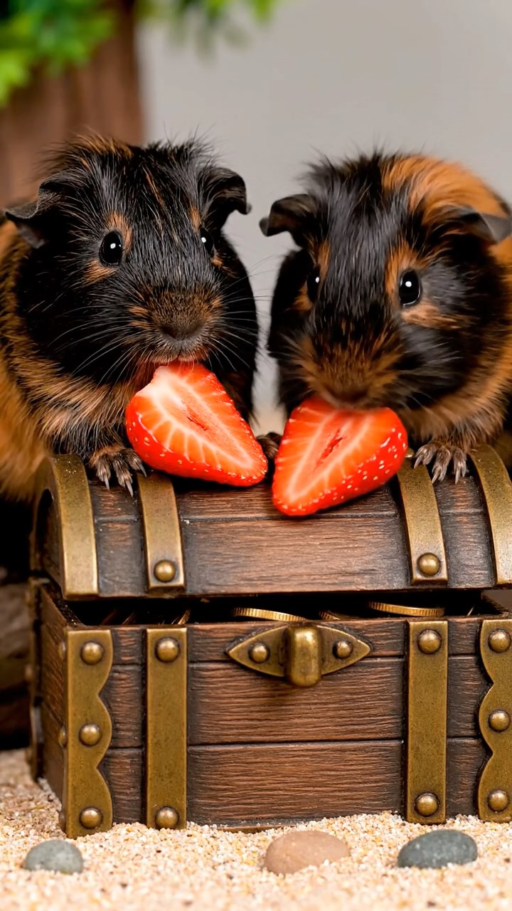 548. Realistic scene of 3 smooth-haired Californian guinea pigs with Chocolate, Cinnamon, and Gray fur, grooming each other in a lush meadow with scattered wildflowers and a babbling brook, under golden sunlight, enhancing the authentic, social atmosphere.