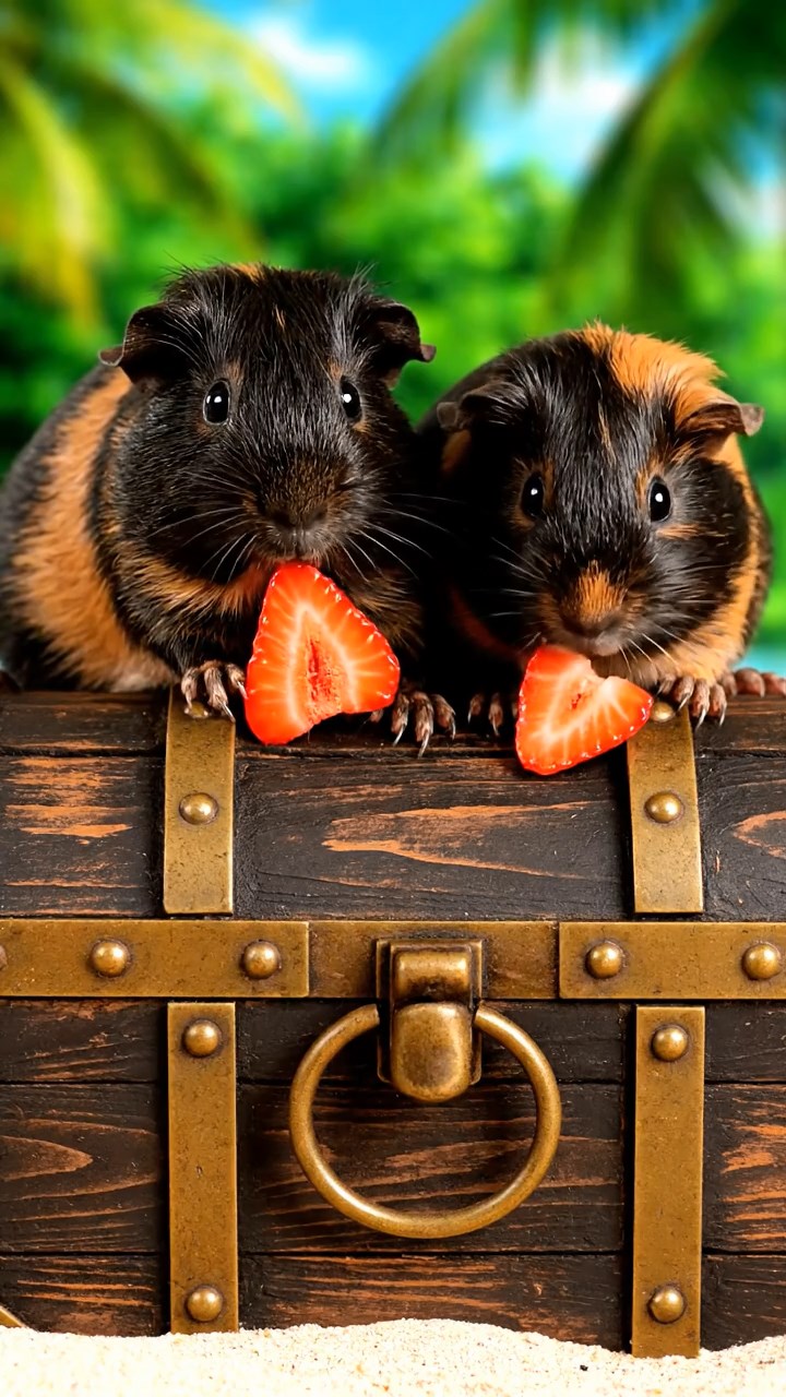 548. Realistic scene of 3 smooth-haired Californian guinea pigs with Chocolate, Cinnamon, and Gray fur, grooming each other in a lush meadow with scattered wildflowers and a babbling brook, under golden sunlight, enhancing the authentic, social atmosphere.