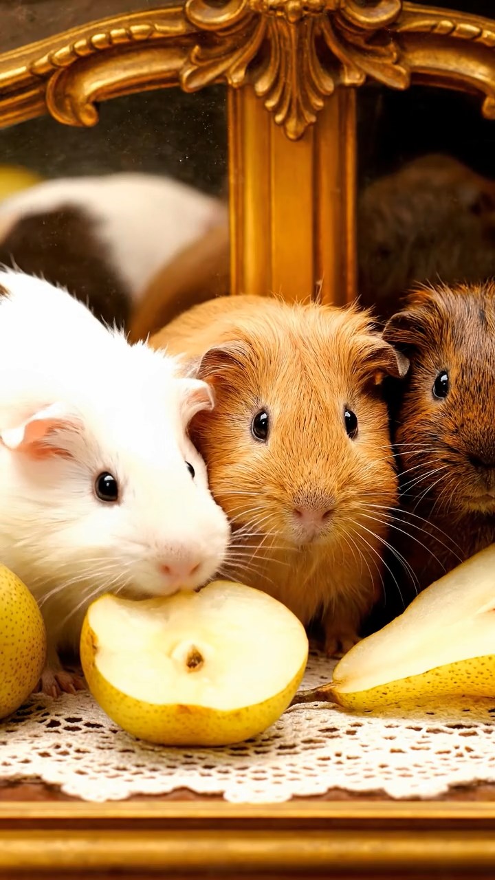 548. Realistic scene of 3 smooth-haired Californian guinea pigs with Chocolate, Cinnamon, and Gray fur, grooming each other in a lush meadow with scattered wildflowers and a babbling brook, under golden sunlight, enhancing the authentic, social atmosphere.