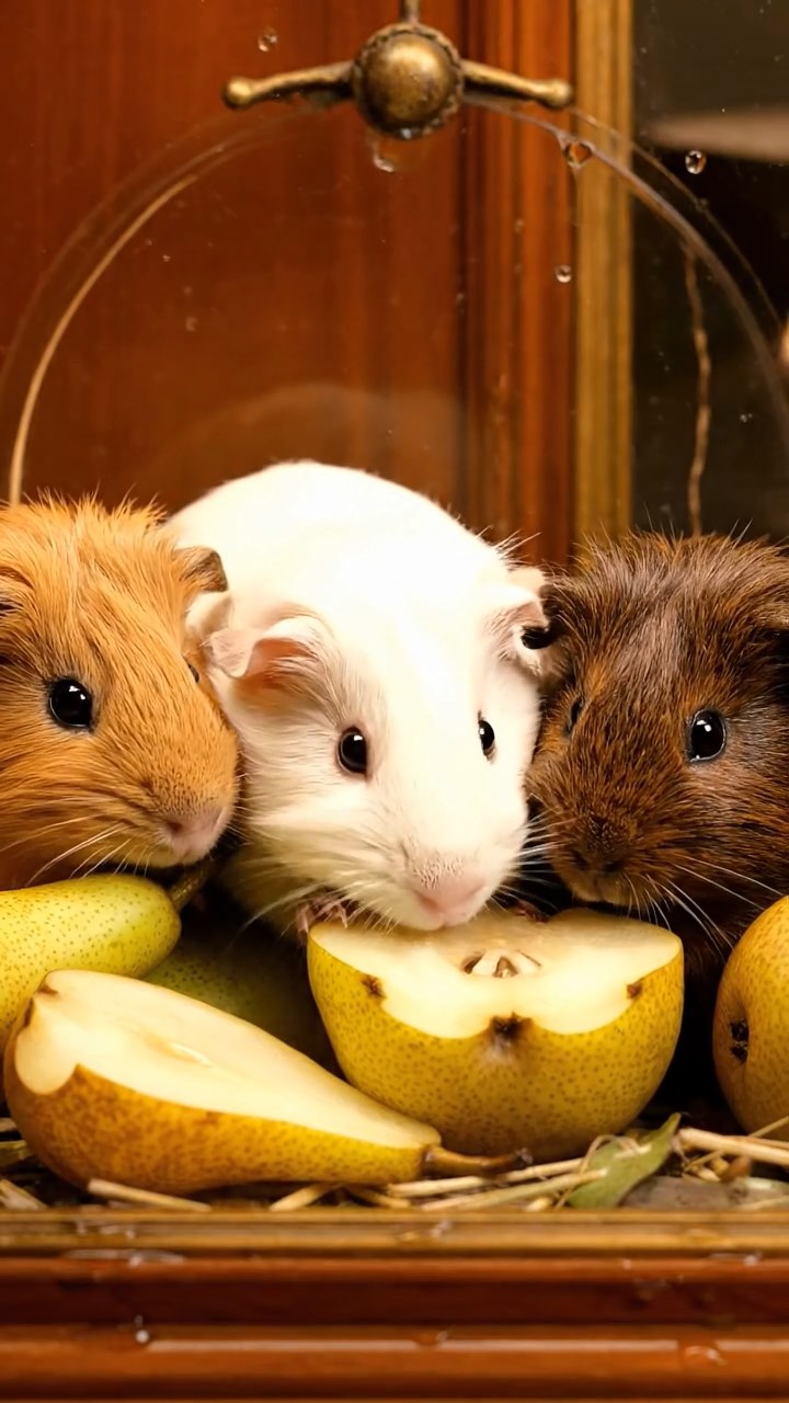 548. Realistic scene of 3 smooth-haired Californian guinea pigs with Chocolate, Cinnamon, and Gray fur, grooming each other in a lush meadow with scattered wildflowers and a babbling brook, under golden sunlight, enhancing the authentic, social atmosphere.