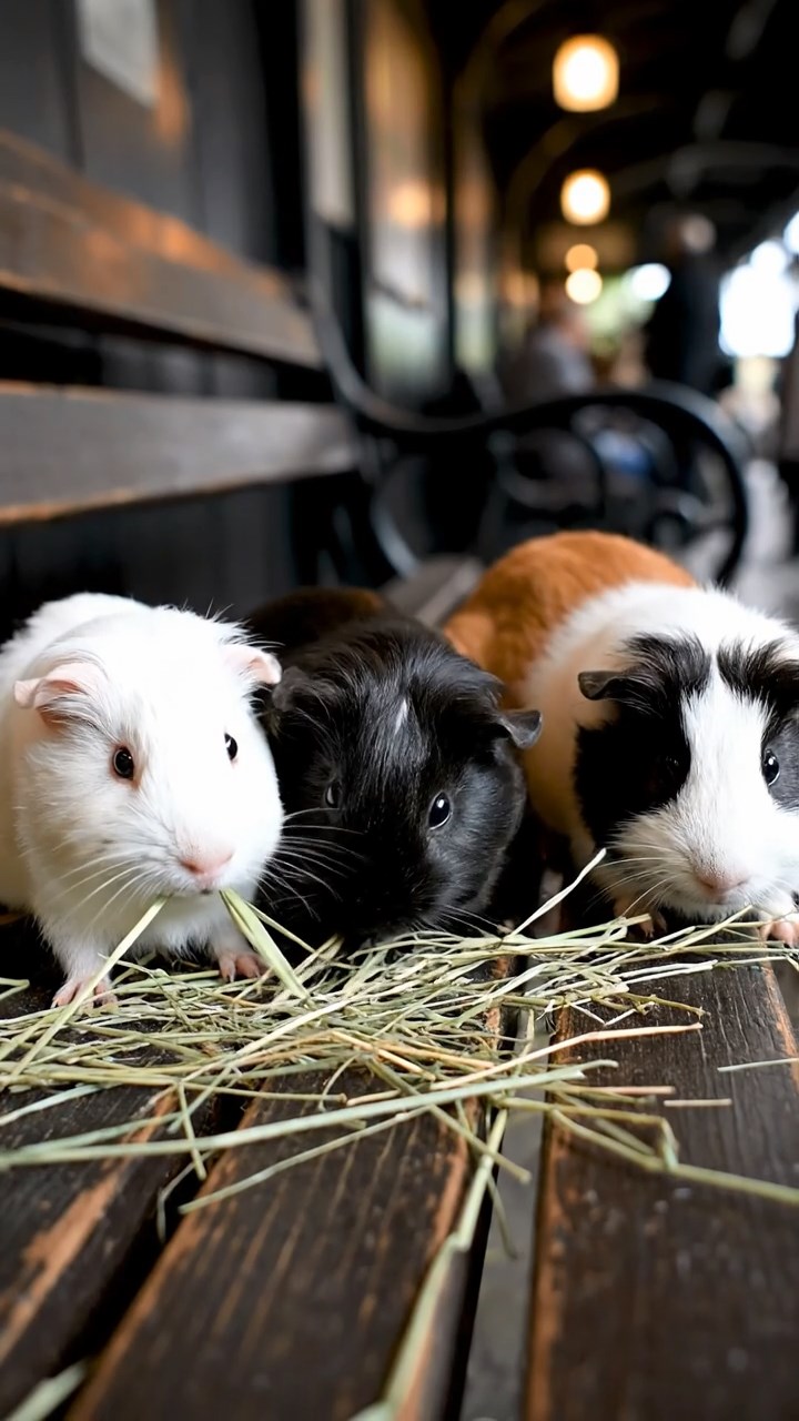 550. Photorealistic scene of 5 smooth-haired Teddy guinea pigs with Cream, Fawn, Sable, Gray, and Cinnamon fur, play-fighting in a grassy clearing with soft moss and scattered twigs, under gentle morning light, capturing a realistic, playful woodland moment.
