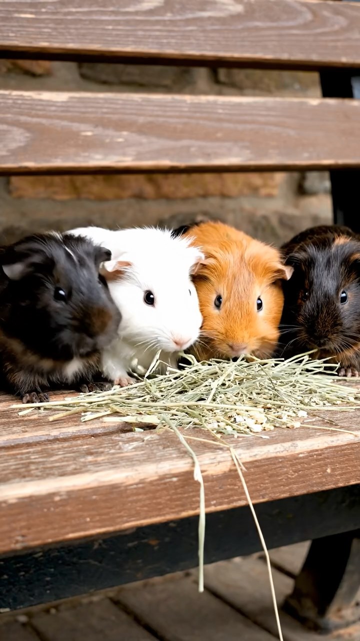 550. Photorealistic scene of 5 smooth-haired Teddy guinea pigs with Cream, Fawn, Sable, Gray, and Cinnamon fur, play-fighting in a grassy clearing with soft moss and scattered twigs, under gentle morning light, capturing a realistic, playful woodland moment.
