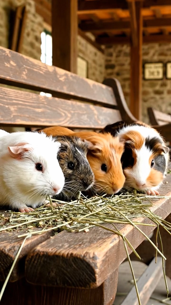 551. Highly detailed view of 1 smooth-haired Himalayan guinea pig with White fur, munching on bell peppers, in a vibrant vegetable garden with rows of tomatoes and lettuce, under bright sunlight, creating a realistic, colorful rural scene.