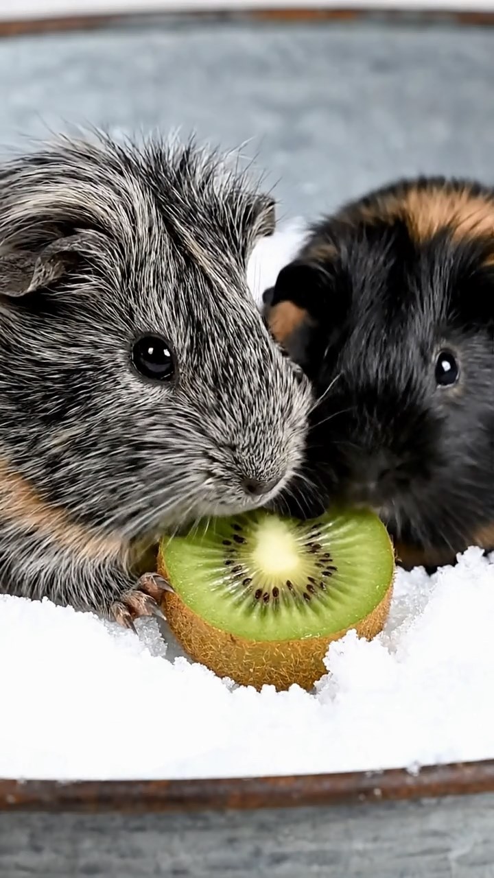 551. Highly detailed view of 1 smooth-haired Himalayan guinea pig with White fur, munching on bell peppers, in a vibrant vegetable garden with rows of tomatoes and lettuce, under bright sunlight, creating a realistic, colorful rural scene.