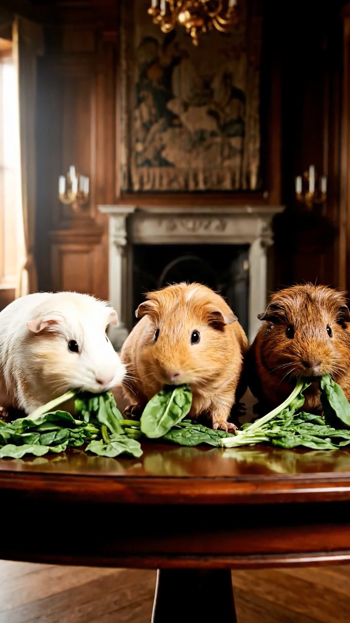 552. Realistic scene of 2 smooth-haired Californian guinea pigs with Orange and Black fur, dressed as tailors in tiny vests, sewing miniature vests in a guinea pig atelier with colorful fabrics and hay mannequins, under warm lamplight, enhancing the lifelike, creative atmosphere.