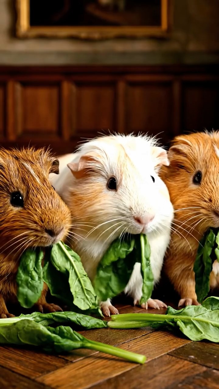 552. Realistic scene of 2 smooth-haired Californian guinea pigs with Orange and Black fur, dressed as tailors in tiny vests, sewing miniature vests in a guinea pig atelier with colorful fabrics and hay mannequins, under warm lamplight, enhancing the lifelike, creative atmosphere.