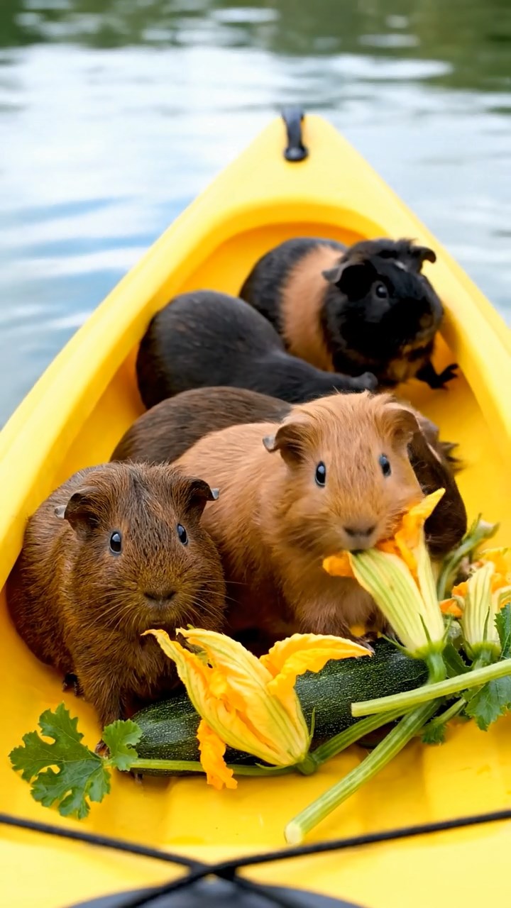 554. Photorealistic scene of 4 smooth-haired Teddy guinea pigs with Fawn, Chocolate, Cinnamon, and Sable fur, dressed as librarians in tiny glasses, shelving miniature books in a guinea pig library with hay shelves and soft lamplight, capturing a realistic, cozy moment.