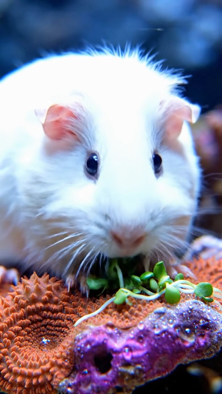 554. Photorealistic scene of 4 smooth-haired Teddy guinea pigs with Fawn, Chocolate, Cinnamon, and Sable fur, dressed as librarians in tiny glasses, shelving miniature books in a guinea pig library with hay shelves and soft lamplight, capturing a realistic, cozy moment.