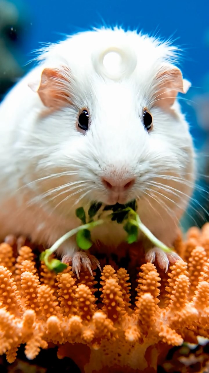 555. Highly detailed view of 5 smooth-haired Himalayan guinea pigs with White, Orange, Gray, Black, and Brown fur, foraging for wild herbs in a lush meadow with wildflowers and a babbling brook, under soft morning light, creating a realistic, serene pastoral scene.