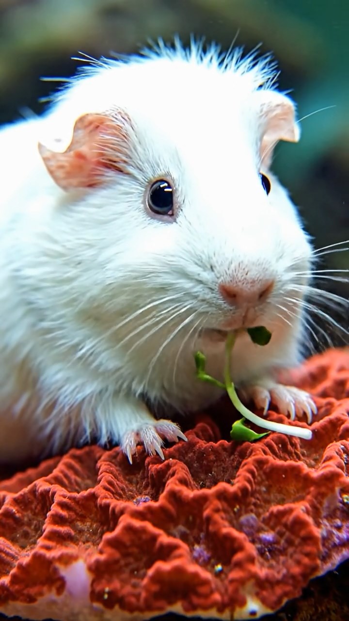 555. Highly detailed view of 5 smooth-haired Himalayan guinea pigs with White, Orange, Gray, Black, and Brown fur, foraging for wild herbs in a lush meadow with wildflowers and a babbling brook, under soft morning light, creating a realistic, serene pastoral scene.