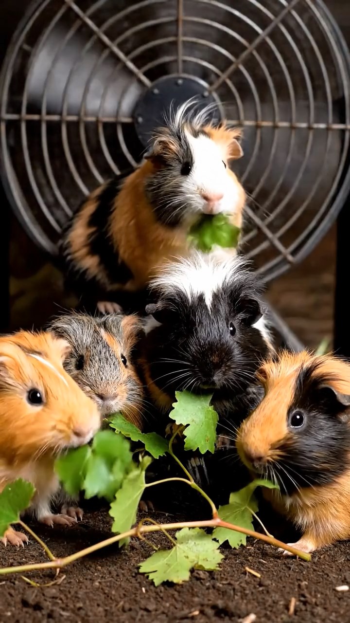 555. Highly detailed view of 5 smooth-haired Himalayan guinea pigs with White, Orange, Gray, Black, and Brown fur, foraging for wild herbs in a lush meadow with wildflowers and a babbling brook, under soft morning light, creating a realistic, serene pastoral scene.