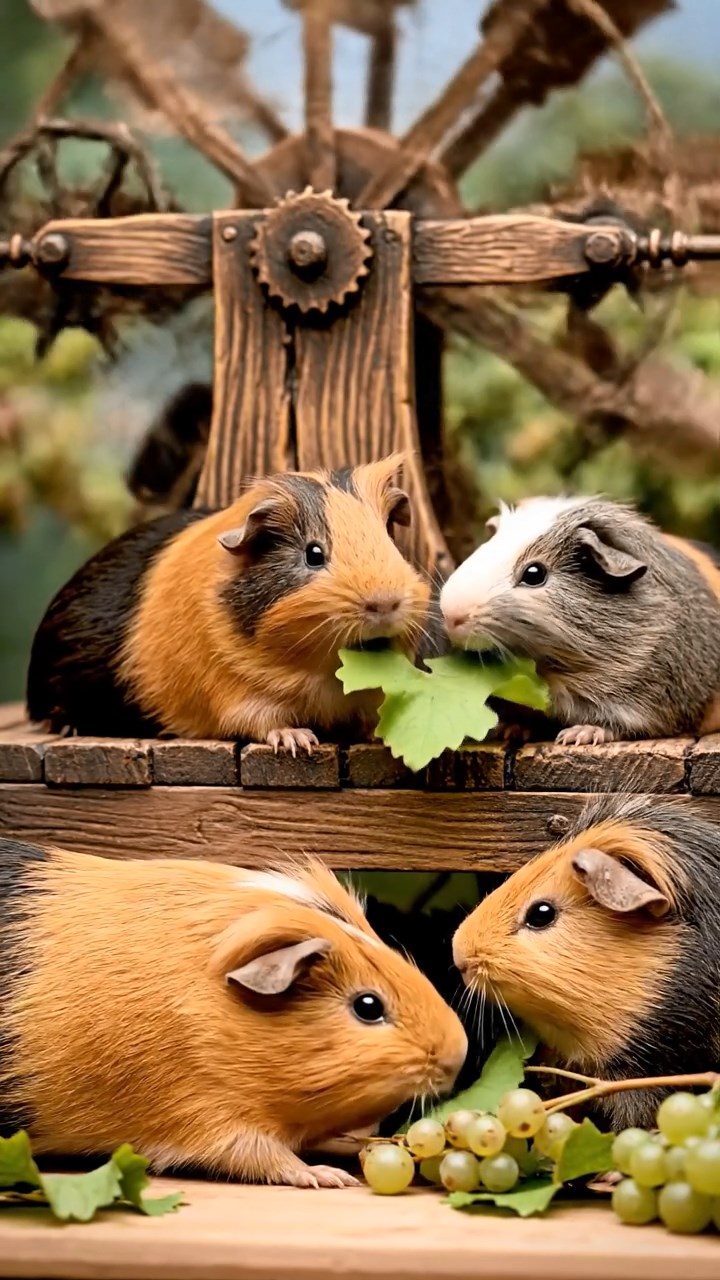 556. Realistic scene of 1 smooth-haired Californian guinea pig with Cream fur, nibbling on strawberries, in a fragrant rose garden with blooming red and white roses, under warm sunlight, capturing a vivid, lifelike romantic moment.