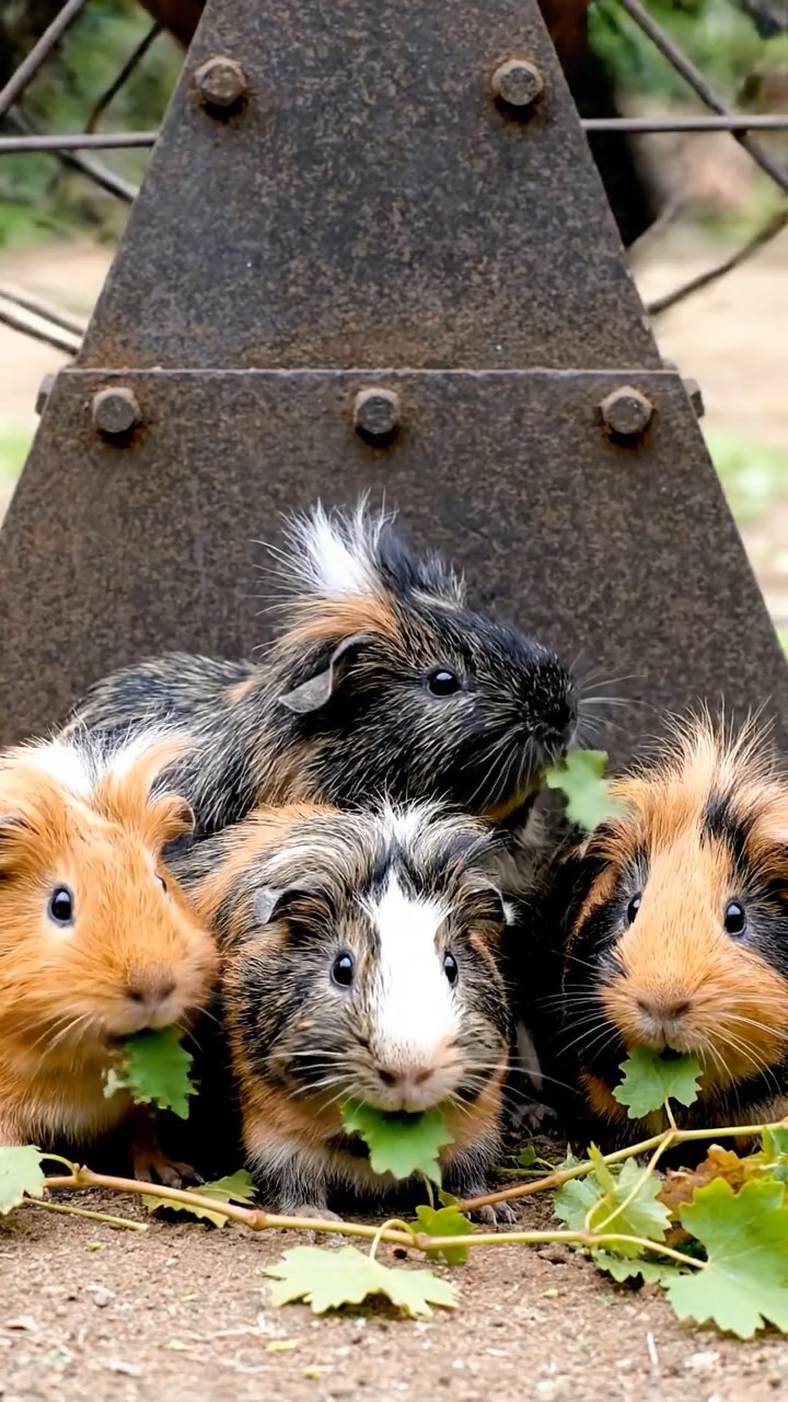 556. Realistic scene of 1 smooth-haired Californian guinea pig with Cream fur, nibbling on strawberries, in a fragrant rose garden with blooming red and white roses, under warm sunlight, capturing a vivid, lifelike romantic moment.