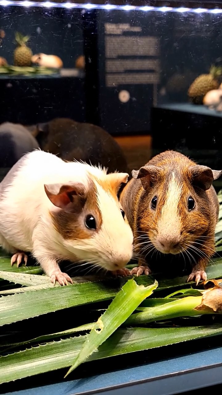 556. Realistic scene of 1 smooth-haired Californian guinea pig with Cream fur, nibbling on strawberries, in a fragrant rose garden with blooming red and white roses, under warm sunlight, capturing a vivid, lifelike romantic moment.