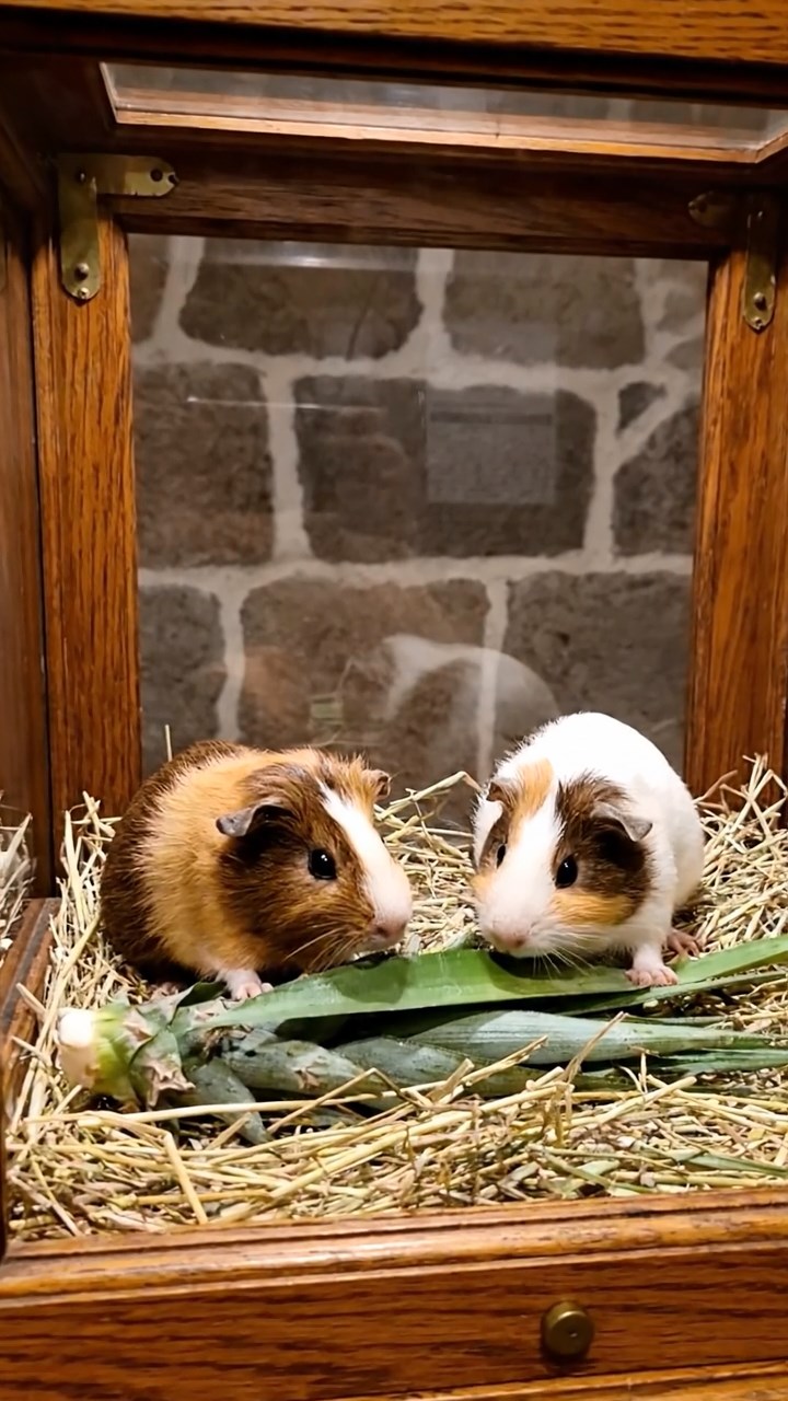 557. Detailed photo of 2 smooth-haired American guinea pigs with Fawn and Sable fur, dressed as bakers in tiny aprons, baking cookies in a guinea pig bakery with hay ovens and wooden counters, under soft lamplight, creating a realistic, cozy culinary scene.