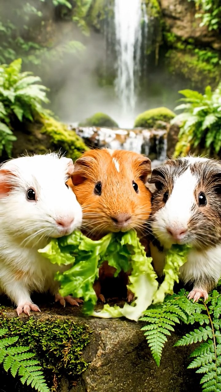 558. Photorealistic scene of 3 smooth-haired Teddy guinea pigs with Chocolate, Cinnamon, and Gray fur, climbing small rocks in a forested glade with soft moss and scattered leaves, under dappled sunlight, enhancing the authentic, adventurous atmosphere.