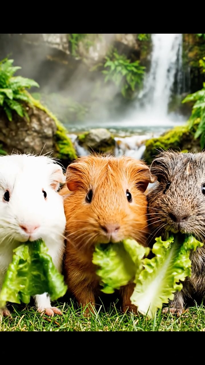 558. Photorealistic scene of 3 smooth-haired Teddy guinea pigs with Chocolate, Cinnamon, and Gray fur, climbing small rocks in a forested glade with soft moss and scattered leaves, under dappled sunlight, enhancing the authentic, adventurous atmosphere.