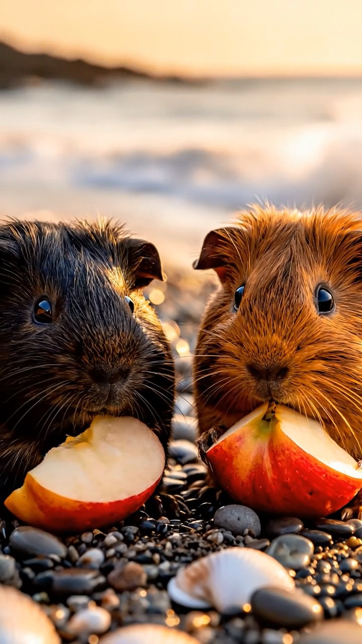 558. Photorealistic scene of 3 smooth-haired Teddy guinea pigs with Chocolate, Cinnamon, and Gray fur, climbing small rocks in a forested glade with soft moss and scattered leaves, under dappled sunlight, enhancing the authentic, adventurous atmosphere.