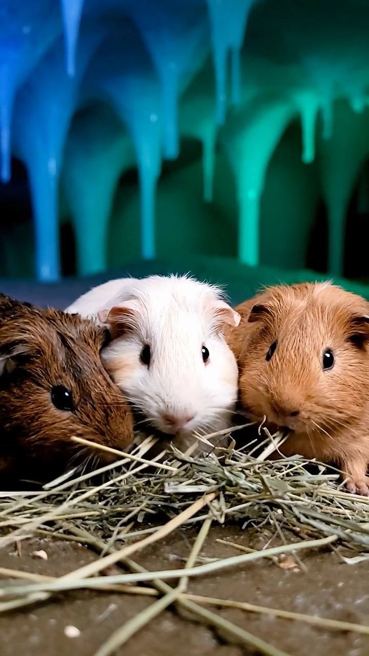 559. Highly detailed view of 4 smooth-haired Himalayan guinea pigs with White, Orange, Black, and Brown fur, dressed as writers in tiny scarves, revising manuscripts in a guinea pig study with miniature books and hay desks, under warm lamplight, creating a vivid, realistic literary scene.