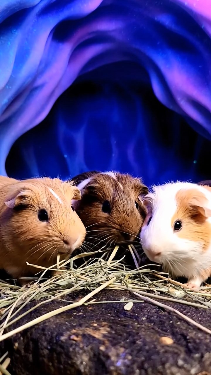 559. Highly detailed view of 4 smooth-haired Himalayan guinea pigs with White, Orange, Black, and Brown fur, dressed as writers in tiny scarves, revising manuscripts in a guinea pig study with miniature books and hay desks, under warm lamplight, creating a vivid, realistic literary scene.