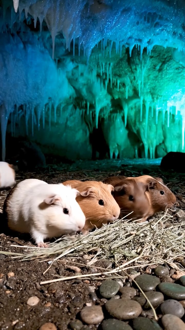 560. Realistic scene of 5 smooth-haired Californian guinea pigs with Cream, Fawn, Sable, Gray, and Cinnamon fur, sleeping in a cozy pile in a lush meadow with wildflowers and a gentle breeze, under golden sunlight, capturing a lifelike, tranquil group moment.