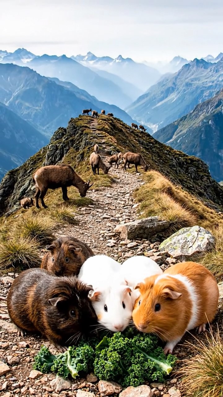 562. Photorealistic scene of 2 smooth-haired Teddy guinea pigs with Orange and Black fur, dressed as engineers in tiny helmets, constructing a miniature dam in a guinea pig workshop with hay beams and tools, under bright daylight, enhancing the lifelike, industrious atmosphere.