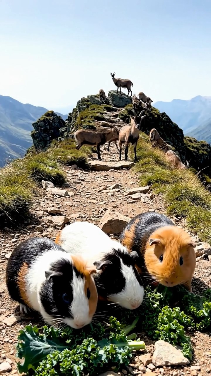 562. Photorealistic scene of 2 smooth-haired Teddy guinea pigs with Orange and Black fur, dressed as engineers in tiny helmets, constructing a miniature dam in a guinea pig workshop with hay beams and tools, under bright daylight, enhancing the lifelike, industrious atmosphere.