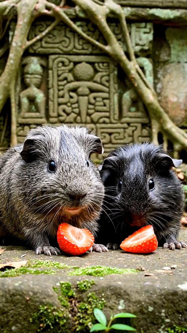 562. Photorealistic scene of 2 smooth-haired Teddy guinea pigs with Orange and Black fur, dressed as engineers in tiny helmets, constructing a miniature dam in a guinea pig workshop with hay beams and tools, under bright daylight, enhancing the lifelike, industrious atmosphere.