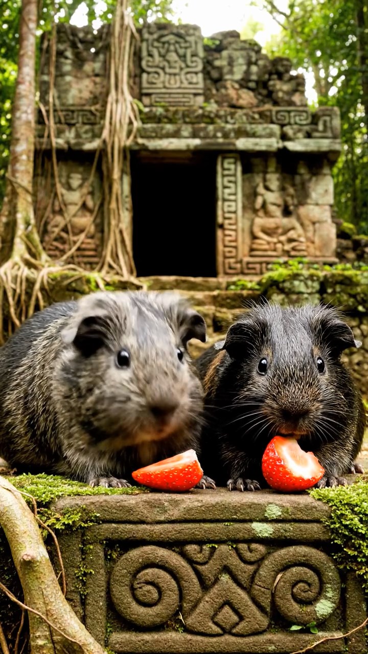 562. Photorealistic scene of 2 smooth-haired Teddy guinea pigs with Orange and Black fur, dressed as engineers in tiny helmets, constructing a miniature dam in a guinea pig workshop with hay beams and tools, under bright daylight, enhancing the lifelike, industrious atmosphere.