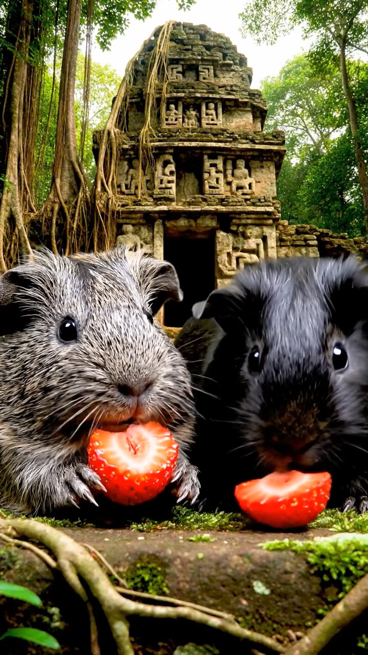 563. Highly detailed view of 3 smooth-haired Himalayan guinea pigs with Gray, Cream, and Brown fur, mating in a secluded grassy clearing surrounded by tall ferns and soft moss, under gentle morning light, creating a realistic, intimate natural scene.