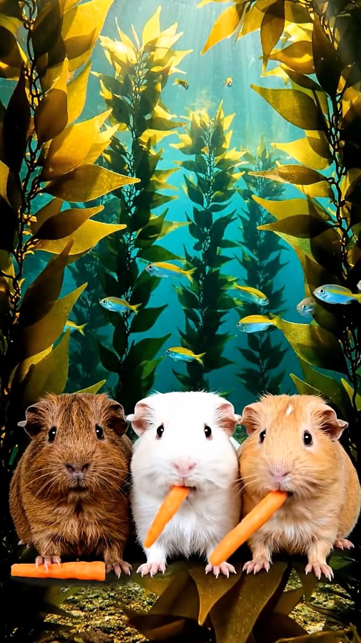 563. Highly detailed view of 3 smooth-haired Himalayan guinea pigs with Gray, Cream, and Brown fur, mating in a secluded grassy clearing surrounded by tall ferns and soft moss, under gentle morning light, creating a realistic, intimate natural scene.