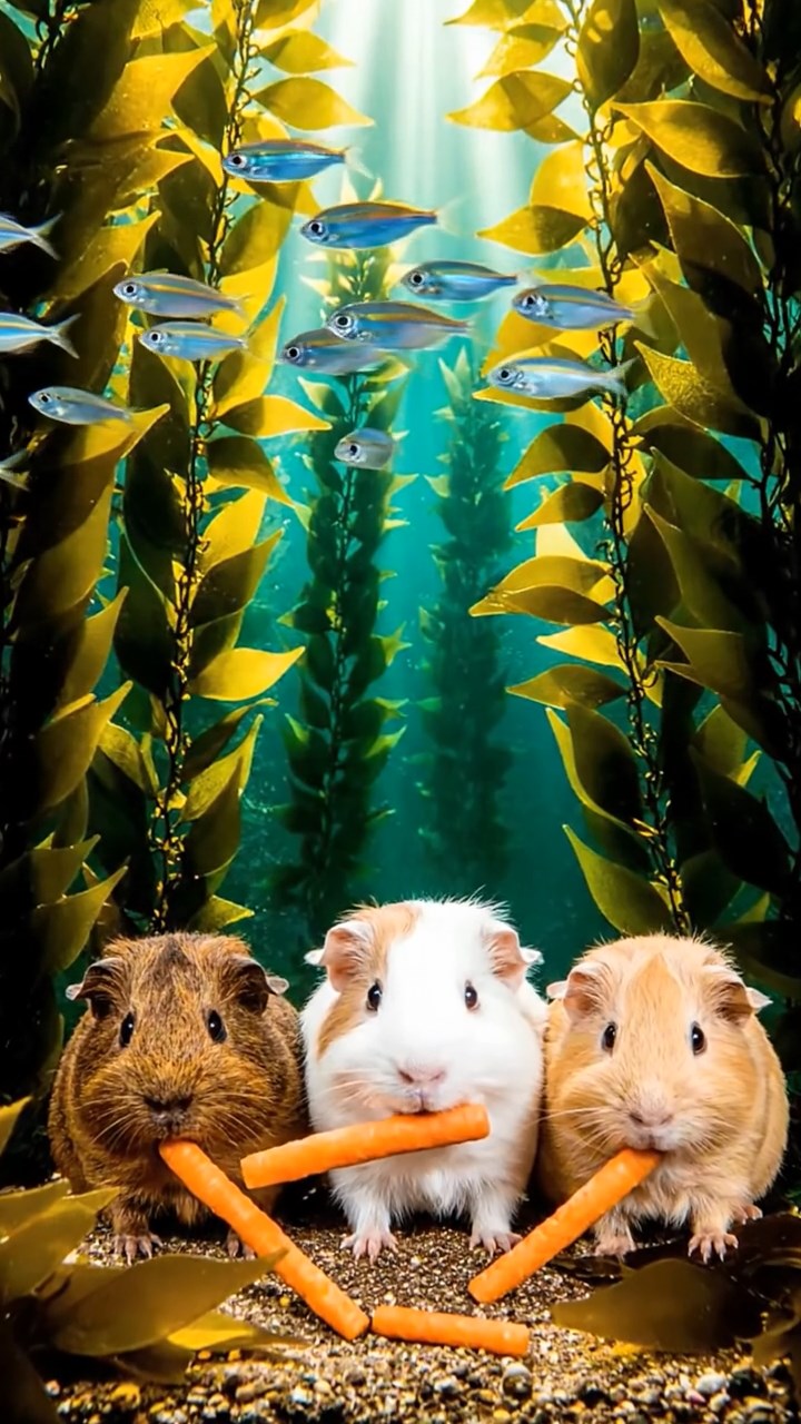 563. Highly detailed view of 3 smooth-haired Himalayan guinea pigs with Gray, Cream, and Brown fur, mating in a secluded grassy clearing surrounded by tall ferns and soft moss, under gentle morning light, creating a realistic, intimate natural scene.