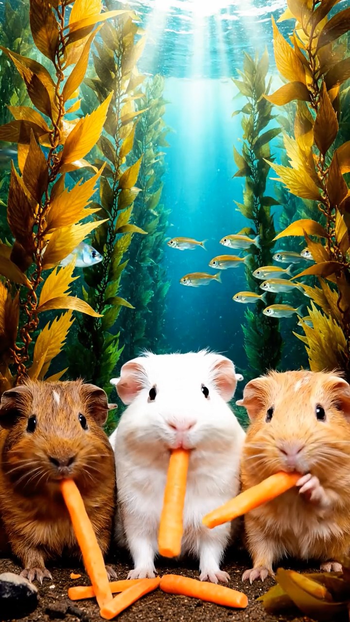 564. Realistic scene of 4 smooth-haired Californian guinea pigs with Fawn, Chocolate, Cinnamon, and Sable fur, dressed as firefighters in tiny uniforms, inspecting a miniature fire truck in a guinea pig village with hay houses, under glowing streetlights, capturing a heroic, lifelike moment.