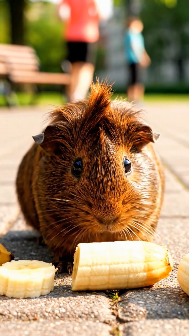 564. Realistic scene of 4 smooth-haired Californian guinea pigs with Fawn, Chocolate, Cinnamon, and Sable fur, dressed as firefighters in tiny uniforms, inspecting a miniature fire truck in a guinea pig village with hay houses, under glowing streetlights, capturing a heroic, lifelike moment.