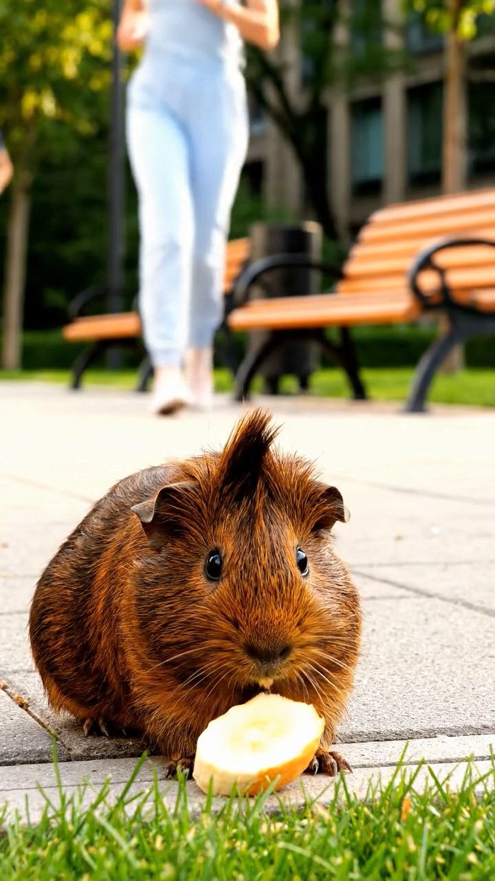 565. Detailed photo of 5 smooth-haired American guinea pigs with White, Orange, Gray, Black, and Brown fur, foraging for clover in a lush meadow with wildflowers and a trickling stream, under soft morning light, creating a realistic, serene pastoral scene.