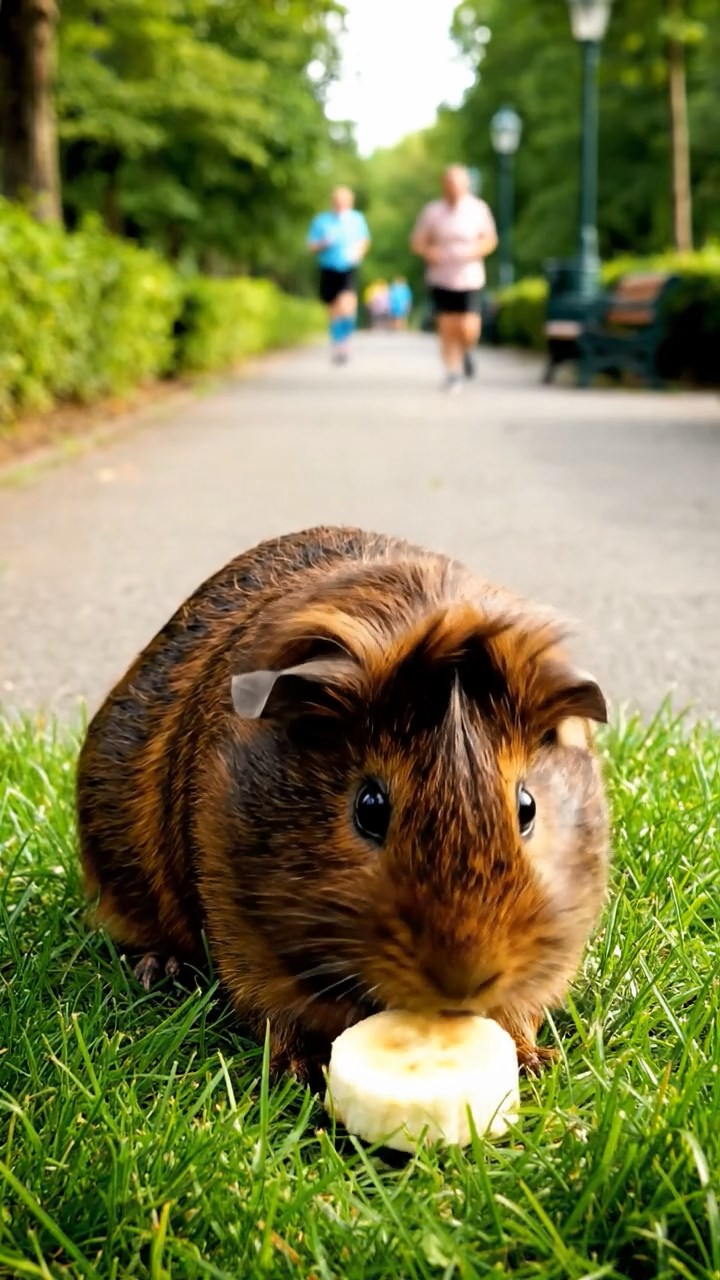 565. Detailed photo of 5 smooth-haired American guinea pigs with White, Orange, Gray, Black, and Brown fur, foraging for clover in a lush meadow with wildflowers and a trickling stream, under soft morning light, creating a realistic, serene pastoral scene.