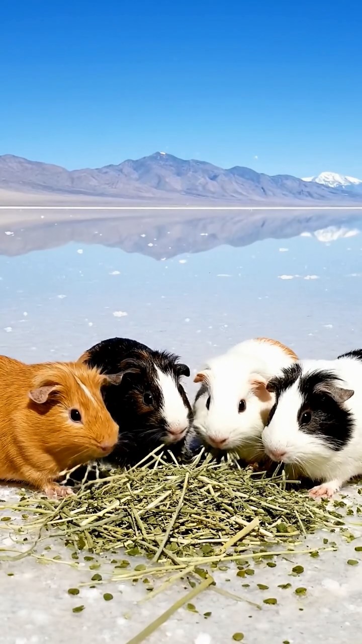 565. Detailed photo of 5 smooth-haired American guinea pigs with White, Orange, Gray, Black, and Brown fur, foraging for clover in a lush meadow with wildflowers and a trickling stream, under soft morning light, creating a realistic, serene pastoral scene.