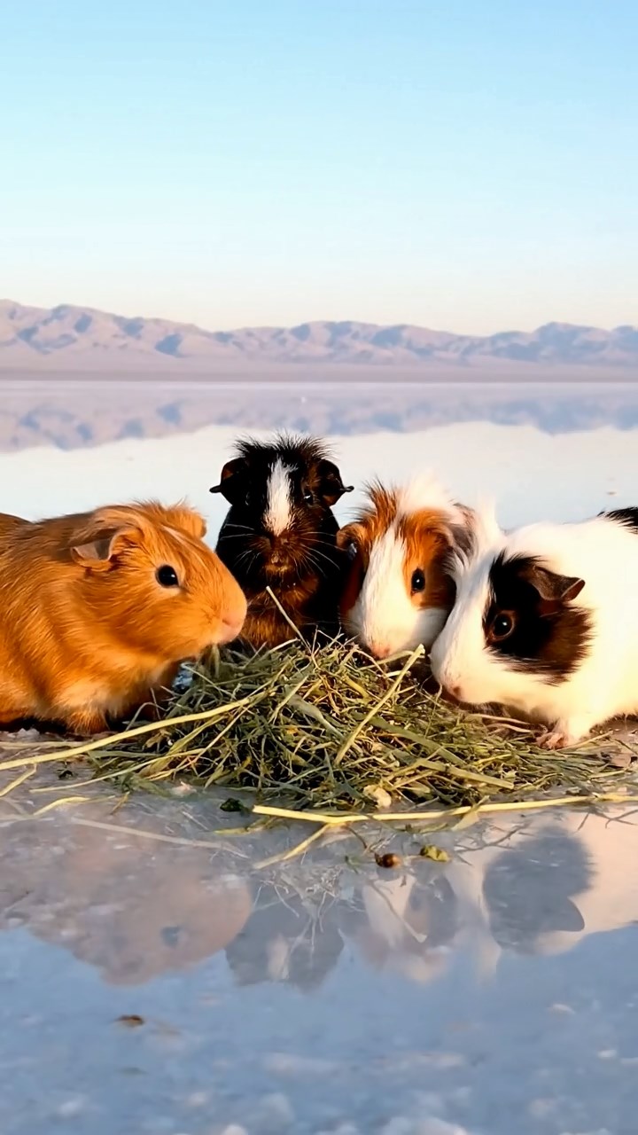 565. Detailed photo of 5 smooth-haired American guinea pigs with White, Orange, Gray, Black, and Brown fur, foraging for clover in a lush meadow with wildflowers and a trickling stream, under soft morning light, creating a realistic, serene pastoral scene.