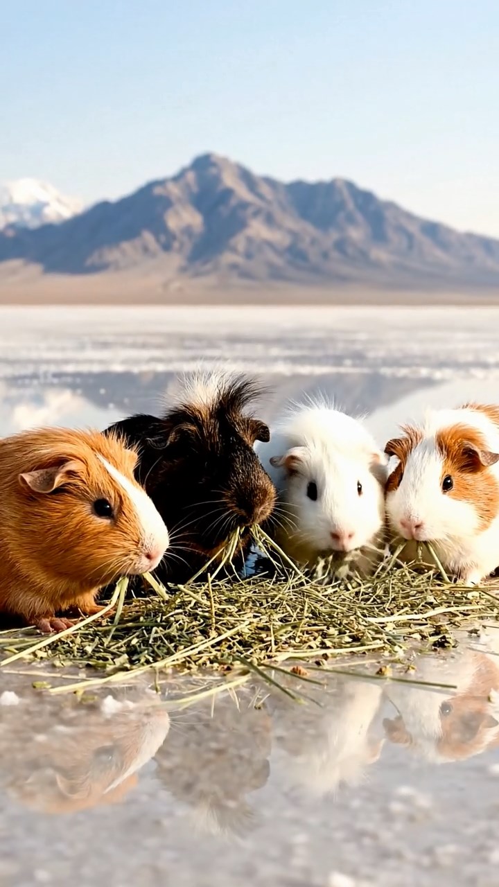 566. Photorealistic scene of 1 smooth-haired Teddy guinea pig with Cream fur, drinking from a clear stream, on a forested slope with pine needles and moss, under dappled sunlight, capturing a serene, lifelike moment of natural hydration.