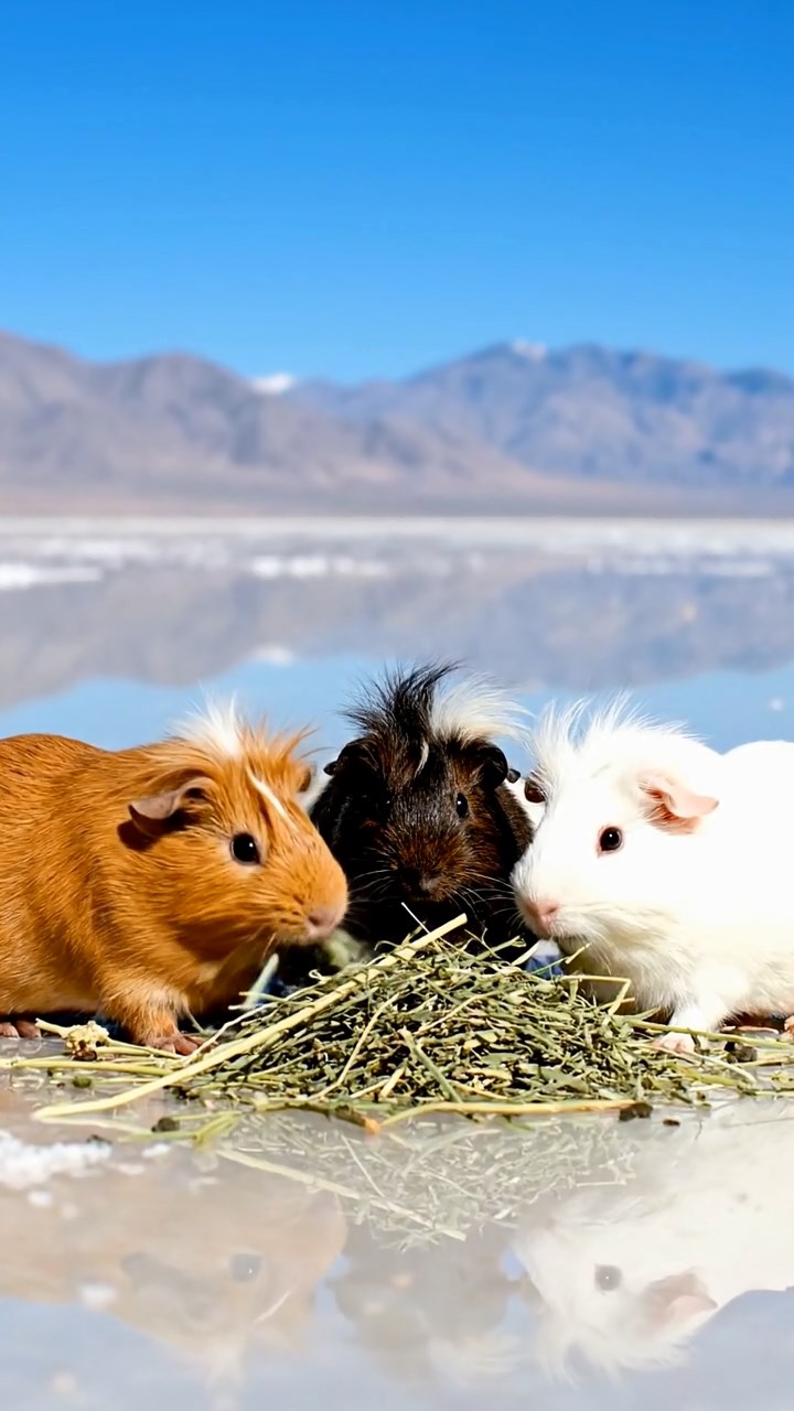 566. Photorealistic scene of 1 smooth-haired Teddy guinea pig with Cream fur, drinking from a clear stream, on a forested slope with pine needles and moss, under dappled sunlight, capturing a serene, lifelike moment of natural hydration.