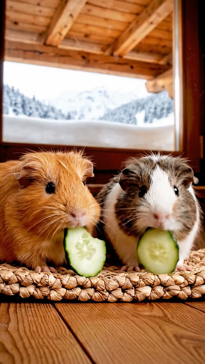 567. Highly detailed view of 2 smooth-haired Himalayan guinea pigs with Fawn and Sable fur, dressed as musicians in tiny vests, playing miniature flutes in a guinea pig concert hall with hay seats and velvet curtains, under warm spotlights, creating a realistic, elegant scene.